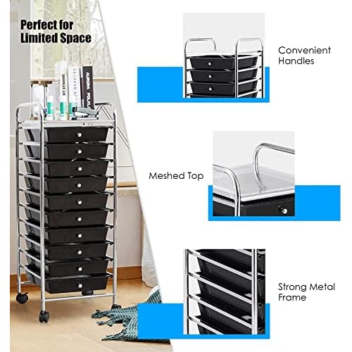 FUTADA 10-Drawer Rolling Storage Cart, Mobile Utility Cart, Multipurpose Storage Organizer with Lockable Casters (Black)