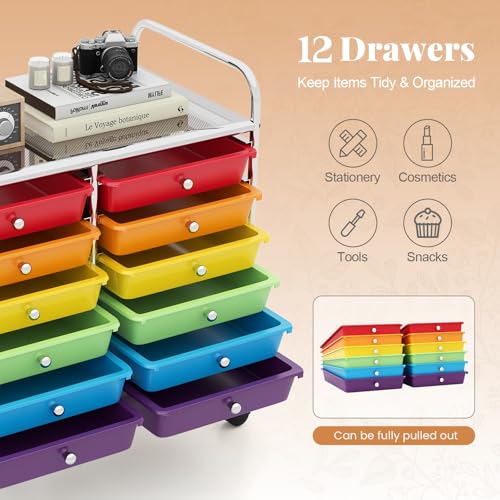 RELAX4LIFE 12-Drawer Rolling Storage Cart, Colorful 24.5'' Mobile Craft Organizer