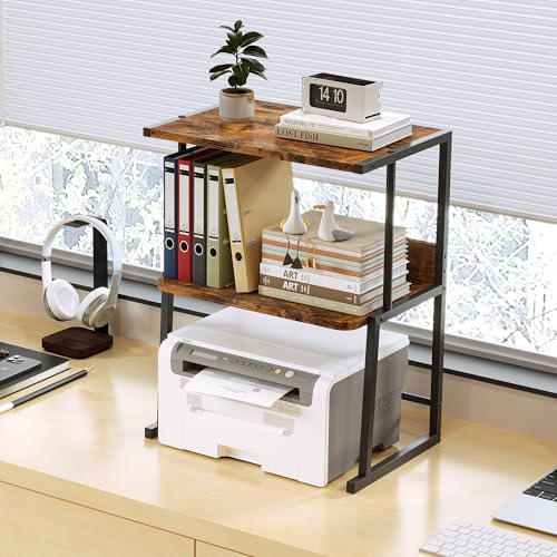 Homeiju Printer Stand for Desk with Storage, 3-Tier Shelves Organizer with Wood Top, Heavy Duty Metal Frame for Home Office, Holds Printer, Books, Supplies, Rustic Brown?