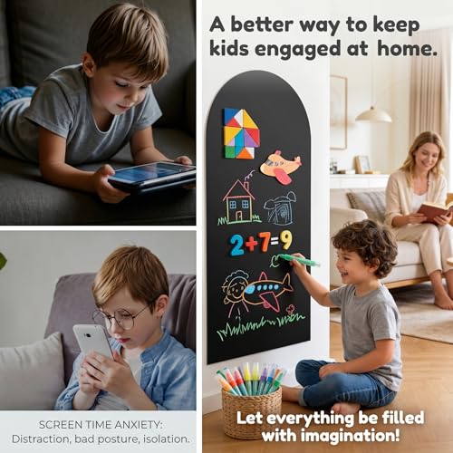 Black 18x40 Magnetic Wall Chalkboard Decal with 26 Letter Magnets - Strong Adhesive, Anti-Peel Kids Playroom & Classroom Decor