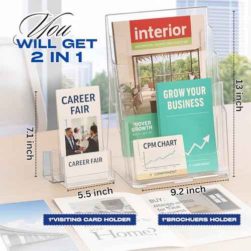 Acrylic 4-Tier Brochure Holder Pack of 2 with Free Business Card Holder 9" x 13" ? Wall Mount or Countertop Organizer for Magazines, Pamphlets, Flyers, and Menus holder with Divider for 4
