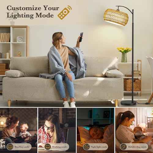 Arc Floor Lamps with Remote Control and Stepless Dimmable Color Temperature and Brightness Rattan Floor Lamps with Rattan and Cloth Dual Lampshade Standing Lamp for Living Room Bedroom, Black