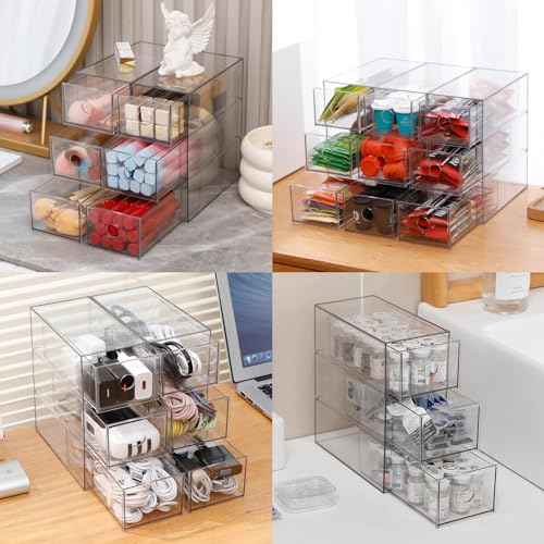 Plastic Storage Drawers, Home Office Supplies Organizer for Bathroom, Kitchen, Pantry, Coffee Bar, Clear Desk Accessories Box for Marker, Art Crafts, Makeup (12 Drawers)