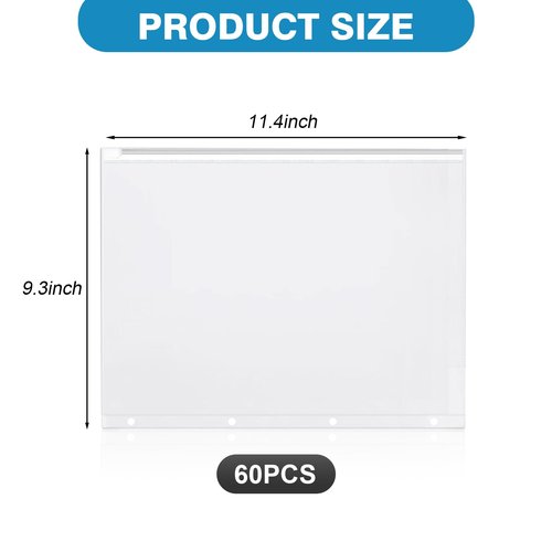 60 Pieces 4 Ring Binder Zipper Pouch 4 Holes Clear Poly Zip Envelopes Waterproof PVC Zipper Folders Binder Pouch Filing Bags for School Office Travel Storage Document Letter Size Supplies (A4 Size)