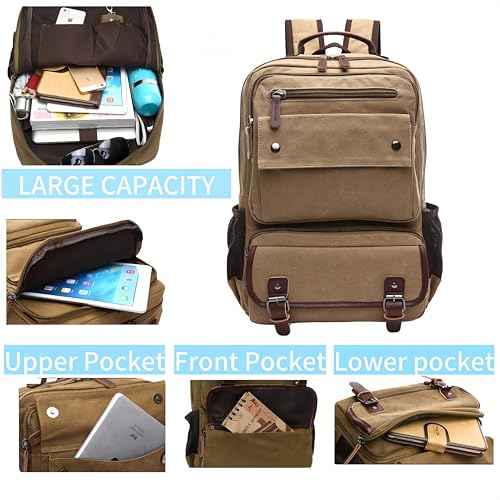 Canvas Backpack for Men Women, Vintage Rucksack Fit 15.6 Inch Laptop Travel Rucksack for Casual Hiking Travel Commute (Khaki)