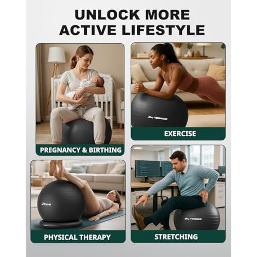 Trideer Exercise Ball for Office Desk, Yoga Ball Chair to Relieve Back Pain, Stability & Fitness Ball Seat with Base, Home Gym Core Workout, Abs, Stretching & Therapy