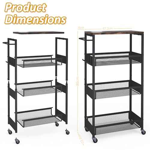 Slim Rolling Utility Cart, 4 Tier Metal Narrow Storage Cart with Handle and Wood Top, Multifunctional Small Mobile Shelf Unit Organizer Trolley for Laundry, Bathroom, Kitchen
