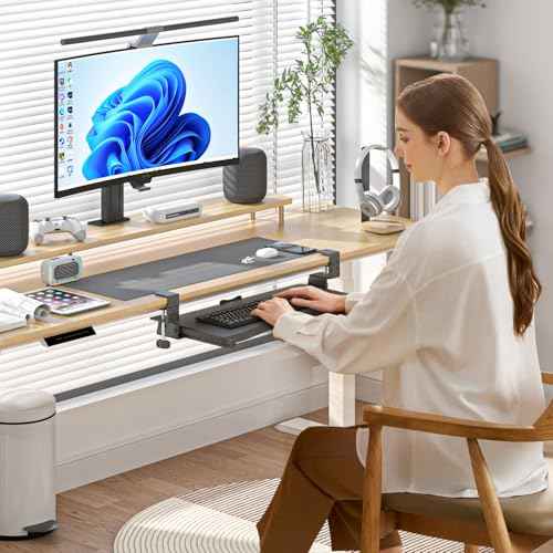 suptek Adjustable Keyboard Tray Under Desk - Slide Out with C Clamp Mount, Computer Keyboard & Mouse Tray, 25.6" (30.4" Including Clamps) x 11.8" Pull Out Computer Drawer for Typing, Black, DSF1PRO