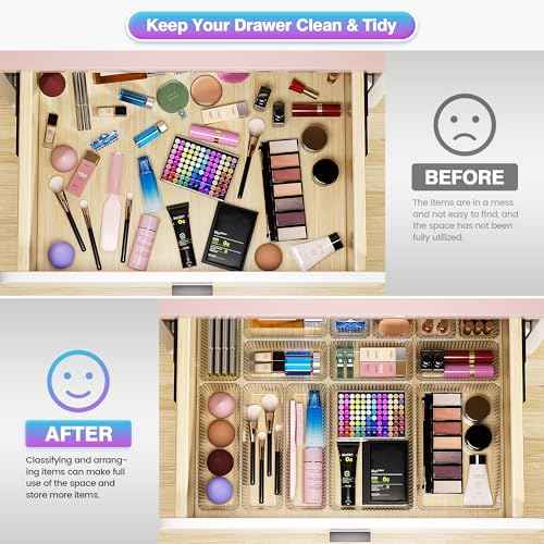 47 PCS Clear Plastic Drawer Organizer Set - 4 Sizes Makeup Organizer Desk Drawer Divider Bathroom Organizers and Storage Bins for Makeup, Jewelry, Gadgets, Office, Kitchen, Bedroom, Bathroom
