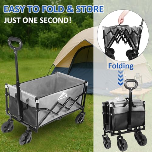 Collapsible Wagon Folding Utility Cart, Beach Wagon 352LBS Heavy-Duty with Adjustable Handles, 5" Quiet Swivel Wheels, Lightweight (11lbs) for Groceries, Camping, Moving, Gray