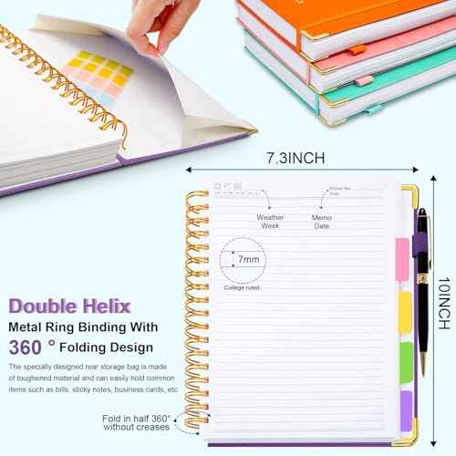Hardcover Spiral Notebook 8"x10" Journal Notebook with Tabs and Removable Dividers 300 Pages 5 Subject Notebook College Ruled, Faux Leather Spiral Bound Notebook for Women School Work (Purple)