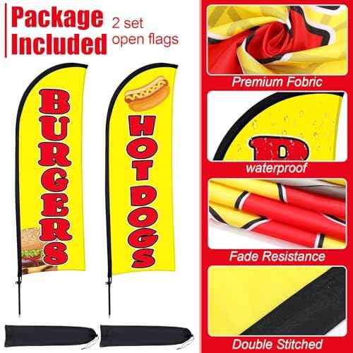 Buryeah 2 Sets Hot Dogs Burgers Feather Flag Banner Kit for Business Advertising 8 ft Swooper Flag with Pole Ground Stake Portable Bag Outside Hot Dog Sign for Restaurant Advertising Business (Yellow)