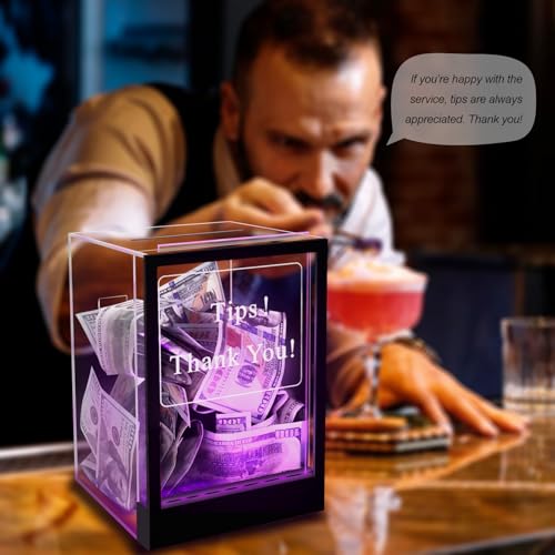 Lighted Up Tip Jar with Large Opening - LED Light & Lock, Donation Box with Sign Holder ''Tips! Thank You!'', Suggestion Box With Diy Blank Sign Holder For Taking Cards,Polls,And Ballots For Bar,Party