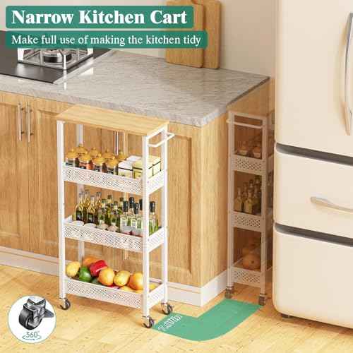 Giwil Slim Rolling Storage Cart 4 Tier Bathroom Organizer Mobile Shelving Unit Utility Cart with Wood Top and Handle for Kitchen Laundry Narrow Places, White