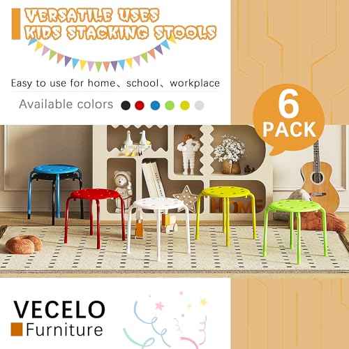 VECELO Stackable Stools for Classroom, 12" Height Plastic Portable Stacking Stool Chairs with Non-Slip Foot Mats for School Daycare Kindergarten Living Room (6 Pack)