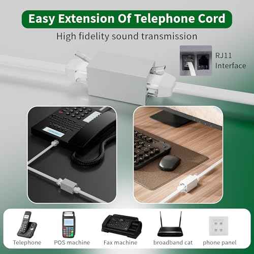 Telephone Extension Cord 350 Ft, Anti-UV Weatherproof Phone Cable Line Wire with Standard RJ11 Plug for Landline Modem Fax Machine Outdoor with Couplers&Clip Holders&Connectors -Flat-White