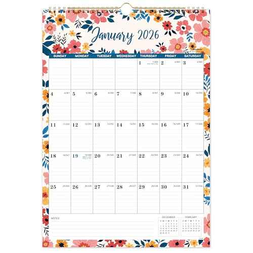 2026 Wall Calendar - Jan 2026 - Dec 2026, 12 Months Hanging Monthly Calendar 2026 Vertical, 17" x 12", Twin-Wire Binding, Julian Date, Large Block, Notes, Thick Paper, Perfect for Organizing