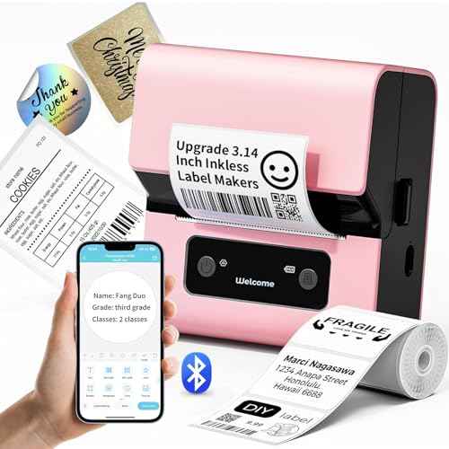 M221 Label Maker Machine with Tape, 3 Inch Barcode Label Maker, Upgrade Portable Bluetooth Thermal Inkless Label Printer for Small Business, Price Tag, Clothing, Address, Mailing for Phones & PC, Pink