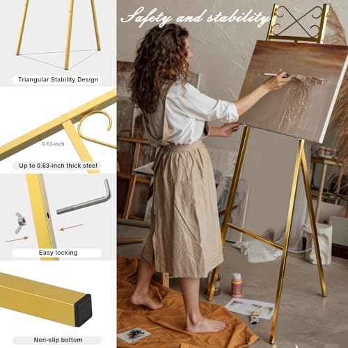 56" Gold Easel Stand for Wedding Signs ? Adjustable Height Metal Display Easel with Chain Support, Heavy Duty Floor Standing Easel for Art, Posters, Pictures, Paintings, and Party D?cor