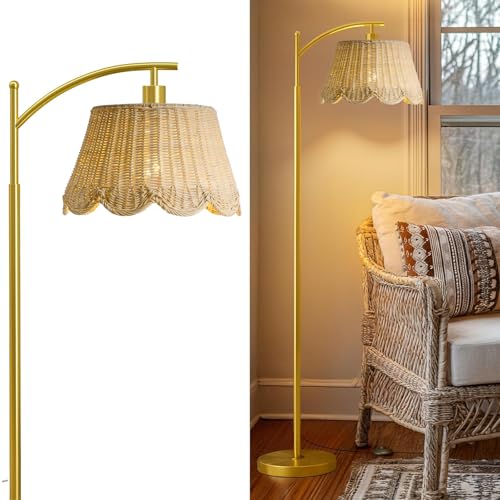Arc Floor Lamp for Living Room£¬Rattan Boho Floor Lamp with Hand-Woven Wicker Shade, Foot Switch, Gold/Silvery Metal Base & Pole,Standing Lamp for Bedroom (Gold)