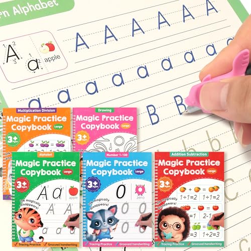 Kids Reusable Handwriting Practice Book Set with Magic Ink, Grooved Tracing Sheets & Refills