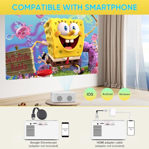 Mini Bluetooth Projector, Full HD 1080P Supported Portable Outdoor Movie Projector for iOS, Android, Windows, Compatible with TV Stick/HDMI/Smartphone/PS4/USB [Remote Included]