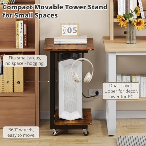 2-Tier Computer Tower Stand with Power Outlet, Height Adjustable PC Tower Stand with Wheels, ATX-Case CPU Holder Cart with Hooks for Home, Office, Gaming (Brown)