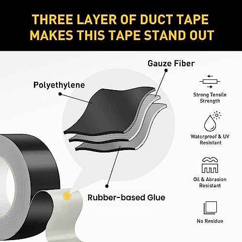 Lichamp 6 Rolls Heavy Duty Thicker Black Duct Tapes, 17 mil No Residue Duct Tape for Packaging Taping Sealing Repairing Tying, Wide Tape for DIY or Commercial Use, 2 Inches x 25 Yards, B206BK
