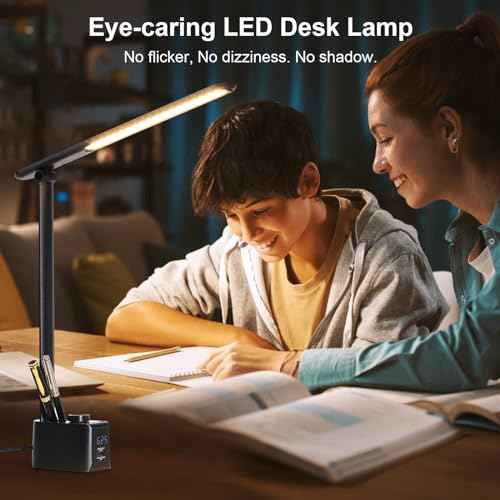 Lightess LED Desk Lamp with 2 USB Charging Ports, 50 Lighting Modes Dimmable Desk Light with Pen Holder and Clock, Foldable Desk Lamp for Home Office Home Office Reading(Black)
