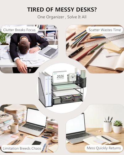 WALI 4-Tier Desk File Organizer with Drawer & Pen Holders - Black | Space-Saving Office Storage