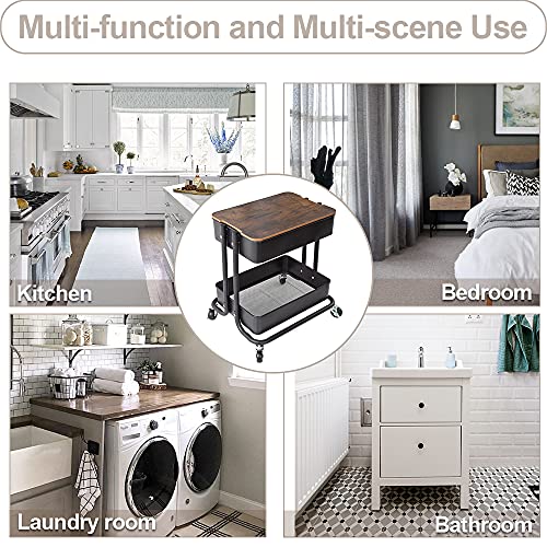 Melody House 2-Tier Metal Utility Rolling Cart Storage Organizer with Cover Board Mobile Trolley Sofa Side Table with Wheels for Office Home Kitchen Organization Black