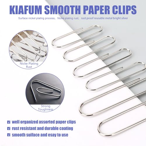 KIAFUM Assorted Paper Clips 500 Pcs - Rustproof Premium Stainless Steel Clips (Small, Medium, Large)