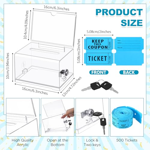 Havawish Blue Raffle Ticket Box with 500 Tickets & Lockable Acrylic Design
