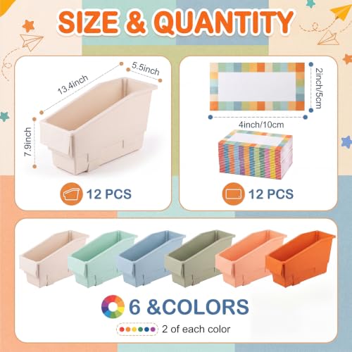 Geetery 12 Pack Non-Tip Book Bins with Stabilizer Wings, Labels, Earth Tone