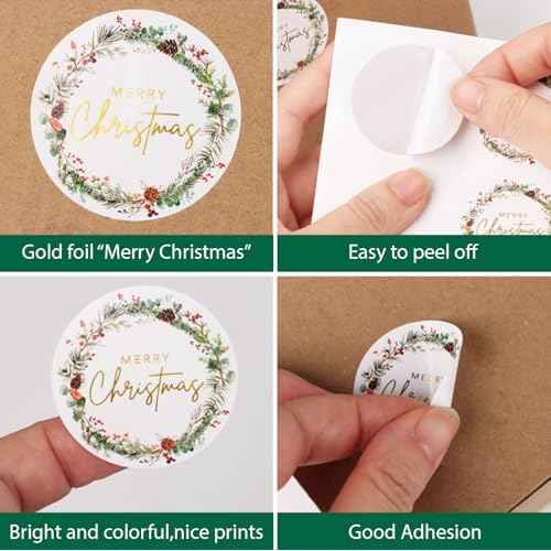 120pcs Merry Christmas Stickers for Cards Envelope Seals Gold Foil Large Round Adhesive Holiday Stickers for Invitation Gift Bags Box Sealing Parcel