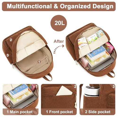 BTOOP Coffee Corduroy School Backpack for Teens & Women, 15.6-Inch Laptop, Large Capacity