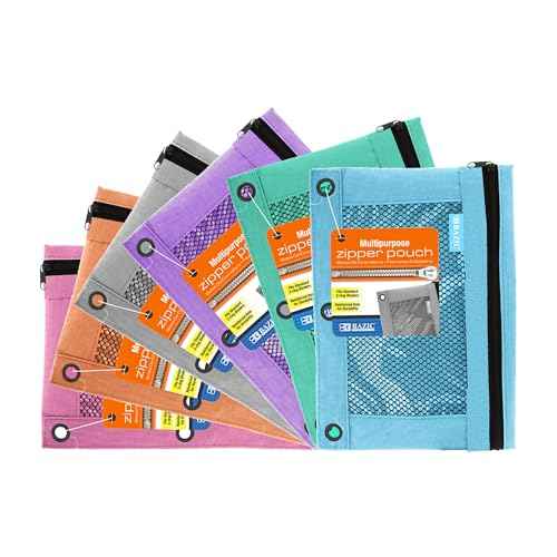 BAZIC Products Pencil Pouch 3 Ring Binder Pouch w/Rivet Enforced Rings Holes, Pastel Color Mesh Window Zipper Pouchesr, 24-Pack