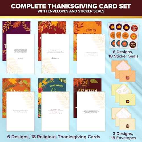 Decorably 18 Pack Foiled 5x7in Thanksgiving Cards Religious with Envelopes and Stickers, 6 Designs Boxed Religious Thanksgiving Cards, with Printed Message Inside