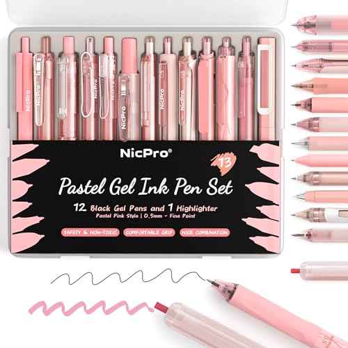 Nicpro 13 Pack Pink Gel Pens Set, Fine Tip Black Ink Pen with 1 Highlighter, Cute Pen for Journaling, Back to School Office Supplies for Teacher Student Gift, Pink Desk Accessories for Girl Stationery