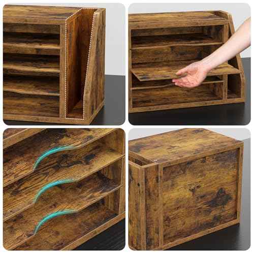 File Organizer Desktop, Wood Desk Organizer with 3 Adjustable Shelves, Mail Paper Sorter for Office, Home, File Holders for Envelopes, Mail Supplies or Magazines, Rustic Brown