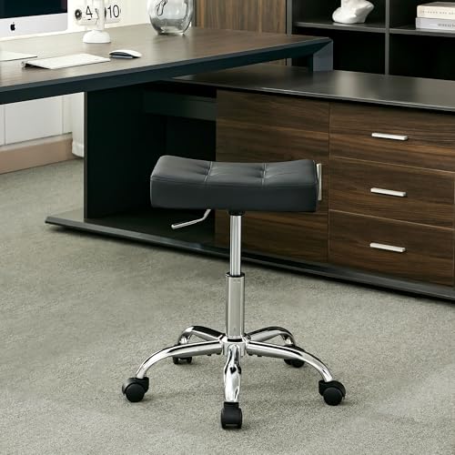Office Stool with Wheels (300lbs Capacity) (Adjustable Height 17-21 inch) Black Faux Leather Workbench Stool (Black)