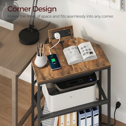 Corner Printer Stand with Charging Station, 3-Tier Large Printer Table with Adjustable Feet, Metal Frame Storage Shelf for Office, Living Room, Small Space, Rustic Brown PTHR14E01