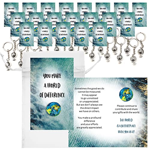 Smiling Wisdom - 20 Bulk Gifts - You Make A World of Difference Appreciation Mini 3.5x2in Cards & Globe Gifts - Men Women Staff Employees Team - 60pcs - Silver Globe Keychains