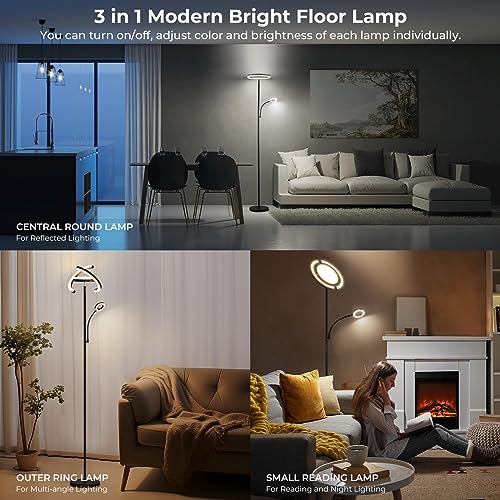 FIMEI 3 in 1 Floor Lamp, Modern Bright Standing Lamp with Split Rotatable Outer Ring Light and Small Reading Light, 4 Color Temperature and Dimmable, 3-Way Independent Control for Living Room Office