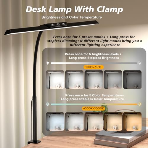 MOICO 12.8in Black LED Desk Lamp with Clamp, Dimmable & Eye-Friendly