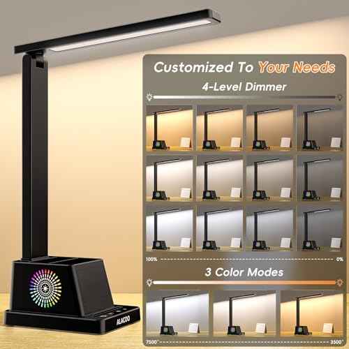 LED Desk Lamp for Office Home, Eye-Caring Desk Light with USB Port & RGB Phone Holder, 3 Color¡¿4 Brightness, Adjustable Arm, Touch-Control Lamp for Reading/Bedroom (Black)