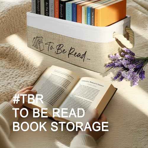 Book Lovers Gifts TBR Book Storage Basket with Back Side Pocket to Be Read List Storage Bin Reading Accessories for Club Members & Librarians Bookish Gifts (White and Brown)