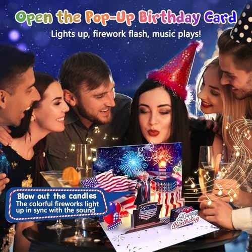 Birthday Cards, Happy Birthday Greeting Card with Music, Lights and Blowable Candle (Blue)