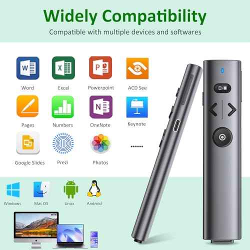 Presentation Clicker with Green Pointer, Rechargeable Wireless Presenter for PowerPoint Presentation Pointer PPT Clicker, 2.4GHz Presenter Remote Slide Advancer for Computer MacBook