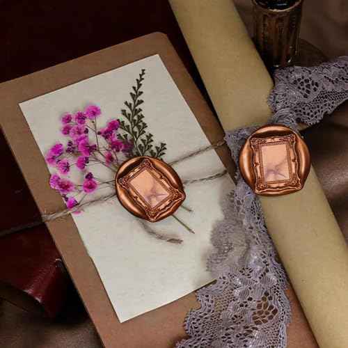 1PCS Wax Seal Stamp Head 1PCS Removable Wooden Handle,3D Embossed Rectangle Vintage Texture Brass Head Wax Stamp Retro Photo Frame Wax Seal Stamp Kit For Card Envelope Wedding Invitations Scrapbooking
